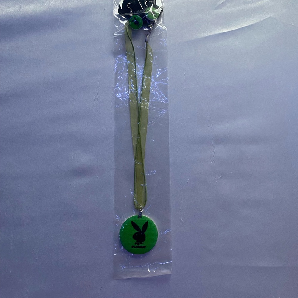 PLAYBOY Green Bunny Pendant Necklace with Matching Earrings